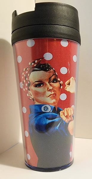 Taza de viaje con lunares rojos y blancos de Rosie la remachadora