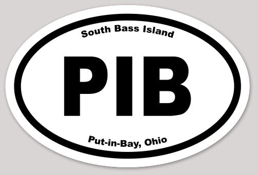 Adhesivo con el acrónimo europeo "PIB" (Put In Bay, South Bass Island) en forma ovalada