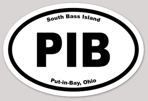 Adhesivo con el acrónimo europeo "PIB" (Put In Bay, South Bass Island) en forma ovalada